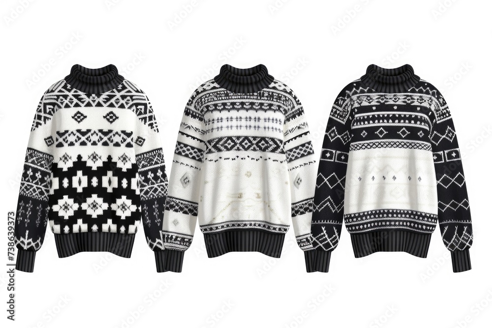 Poster Three sweaters neatly arranged in a row against a clean white background. Perfect for showcasing different colors or styles.