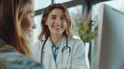 Smiling female doctor gesturing and explaining patient in medical practice