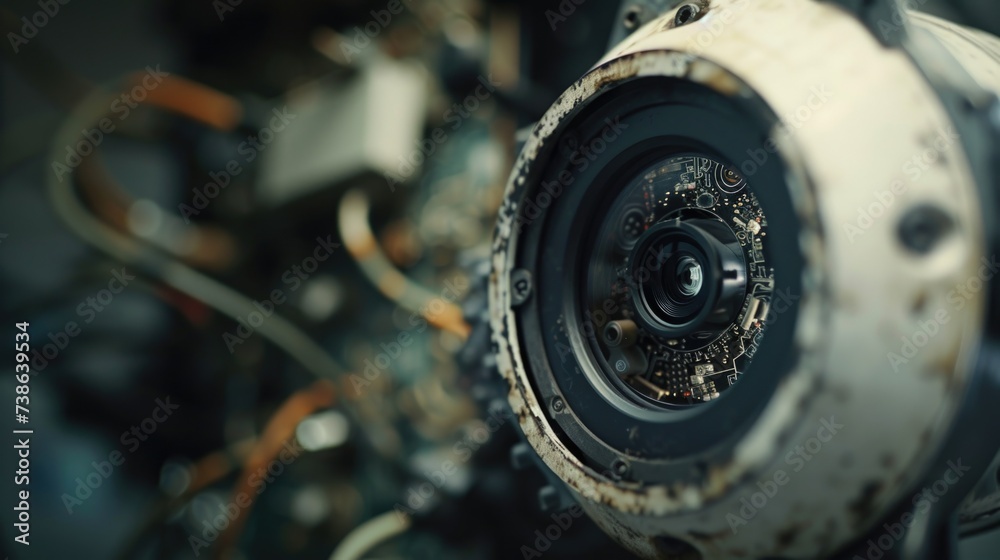 Poster Close up view of a camera lens on a machine. Suitable for technology and photography related projects