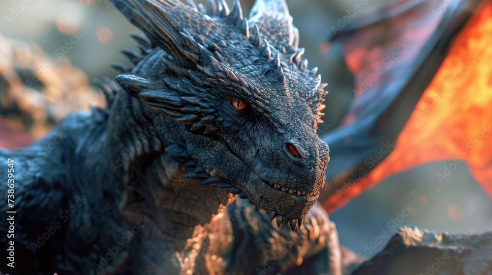 Poster a close-up view of a dragon with a fiery background. this image can be used to depict fantasy, mytho