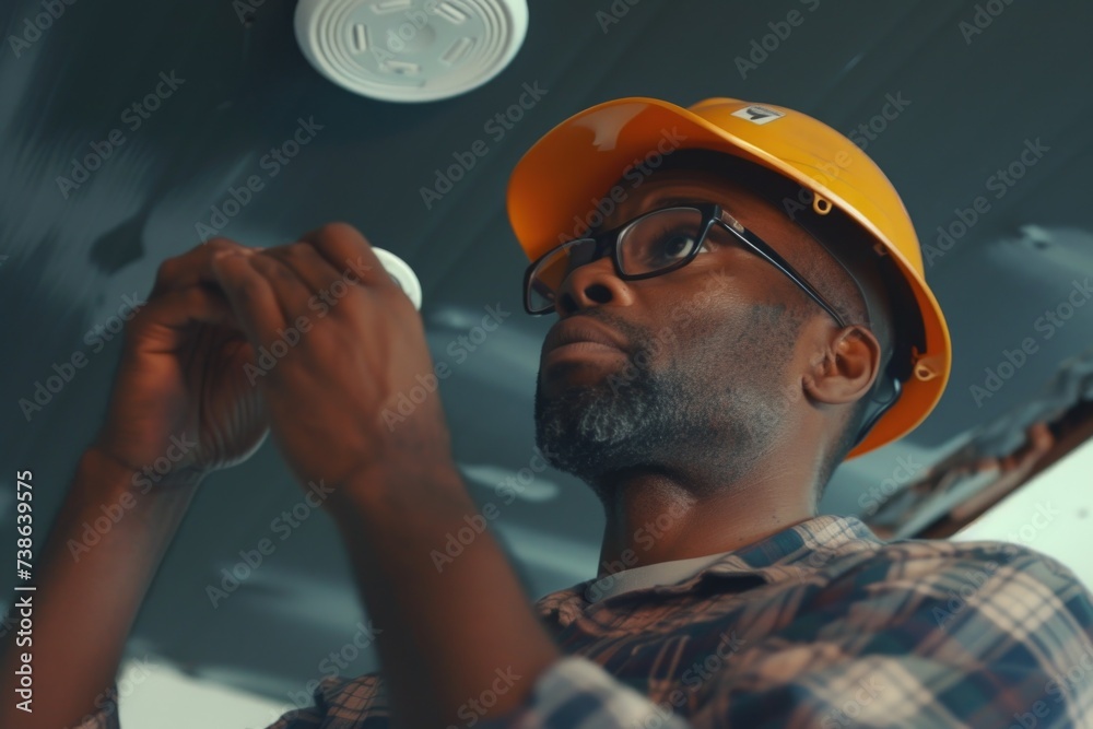 Poster a man wearing a hard hat holds a remote control. this image can be used to depict concepts related t