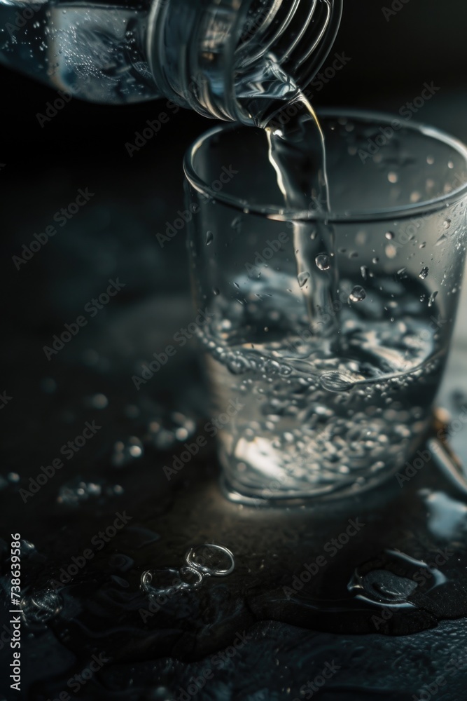 Poster a glass filled with water sitting on top of a table. suitable for various uses