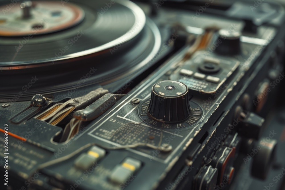 Poster a close up view of a turntable with a record on it. this image can be used to represent music, vinyl