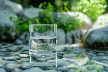 A glass of water sitting on top of a river bed. Suitable for nature, environment, and refreshment concepts