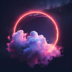 Neon-lit abstract cloud in the dark night sky, surrounded by a glowing geometric ring, adding an ethereal touch to the composition. 
