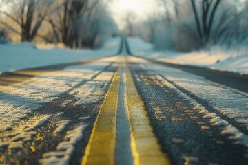 A wintry scene of a road covered in snow with a vibrant yellow line in the middle. Perfect for illustrating winter driving conditions or transportation concepts