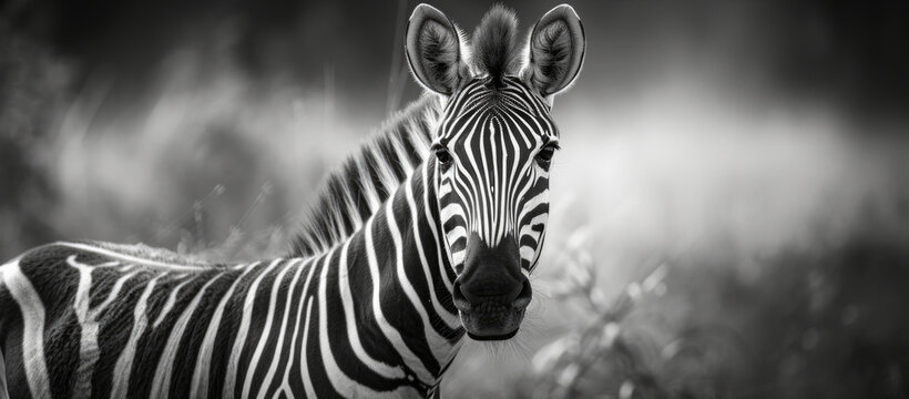 A black and white photo of a zebra. Suitable for various uses