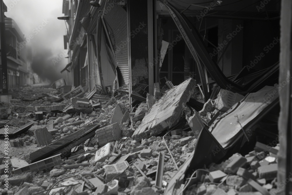 Aufkleber a black and white photo capturing the image of a destroyed building. suitable for illustrating the c