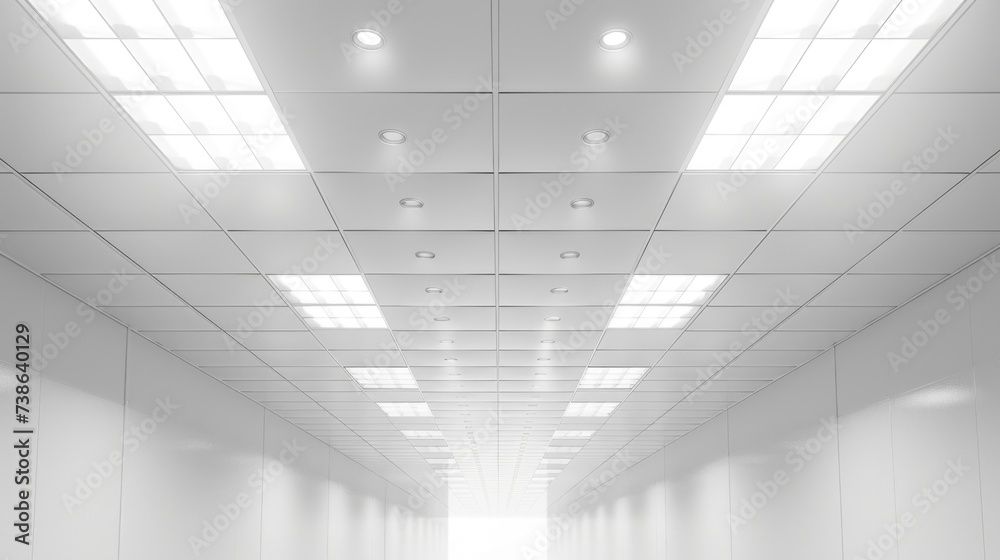 Poster A long hallway with white walls and ceiling lights. Perfect for adding depth and perspective to your design projects