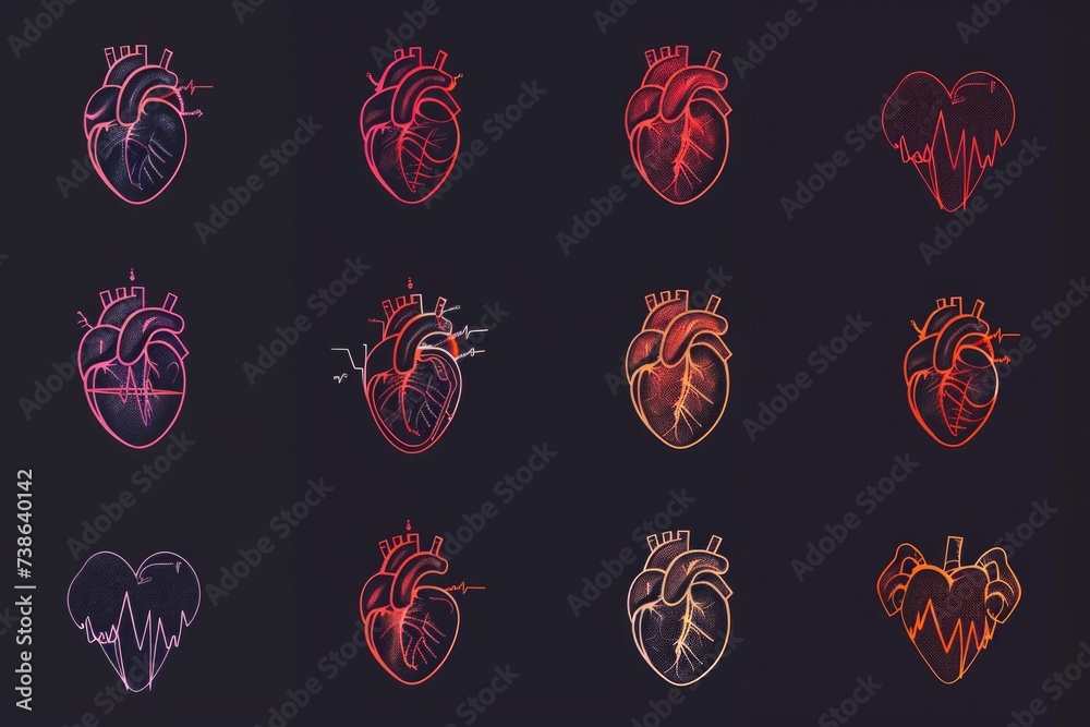 Poster A collection of vibrant heart illustrations in neon colors. Perfect for adding a pop of color to any project or design