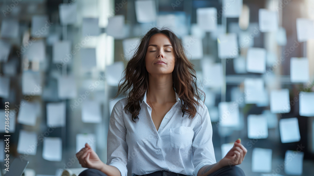 Wall mural Female employees meditating together Lots of paperwork at the office