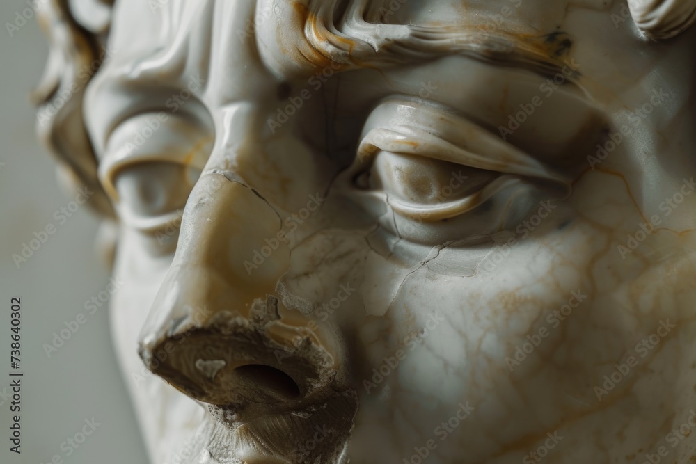 Poster a detailed close-up of a statue depicting the face of a man. this image can be used for various purp