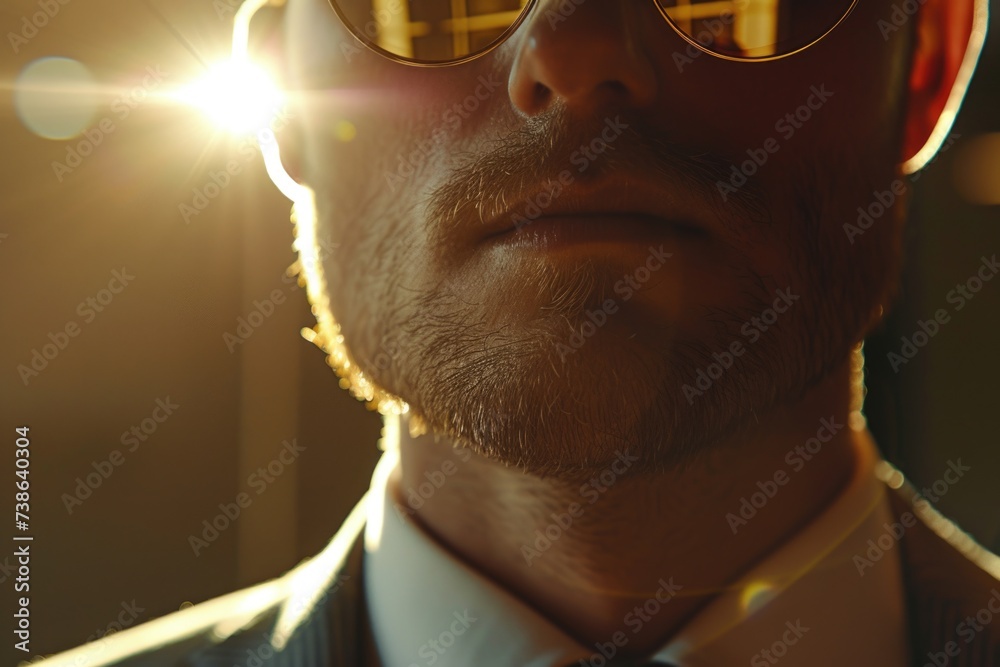 Poster a professional man dressed in a suit and tie, accessorized with sunglasses. versatile image suitable