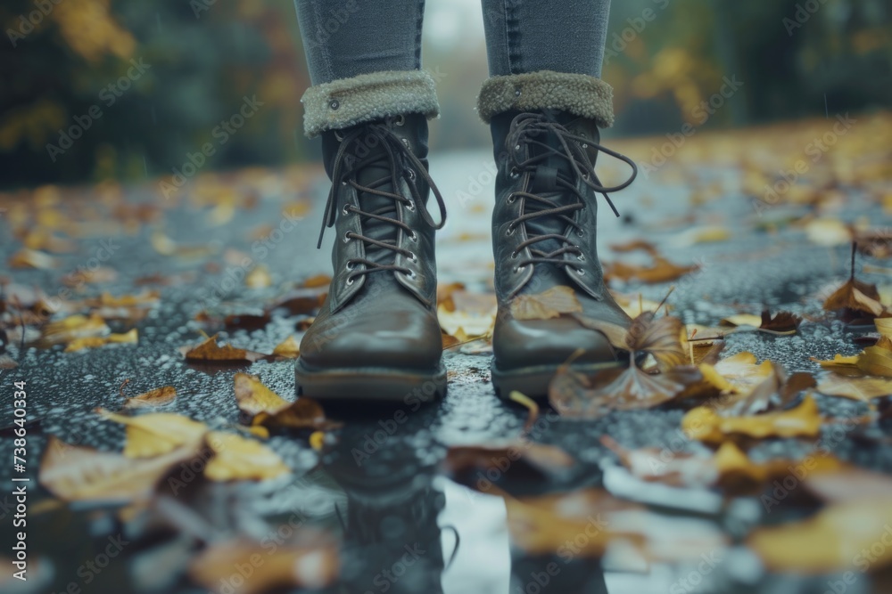 Poster a person standing in the middle of a leaf covered road. suitable for nature and autumn-themed design