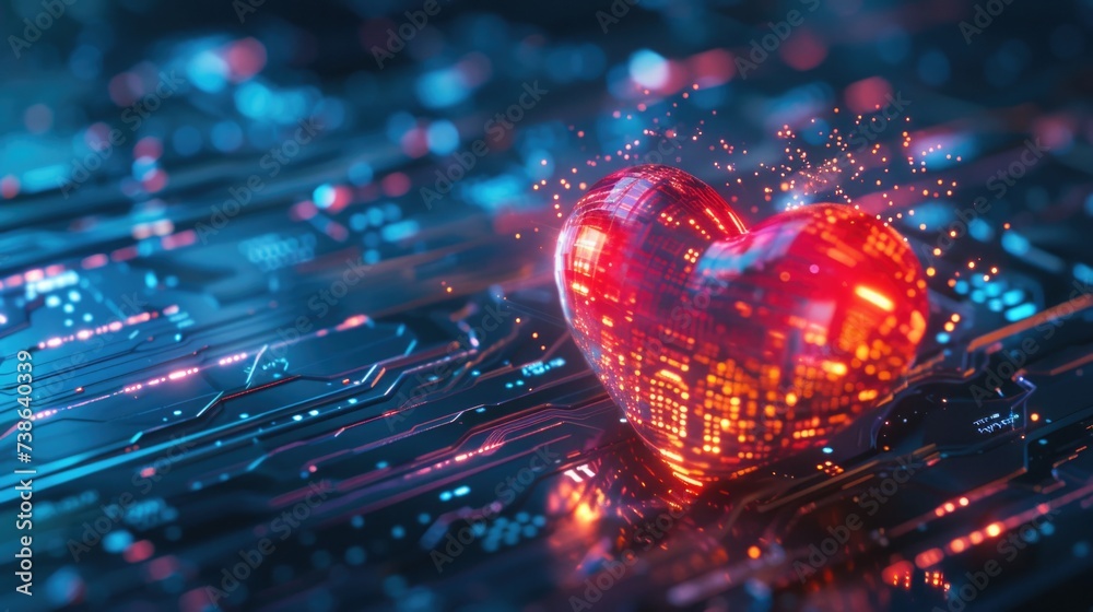Leinwandbilder A heart shaped object is placed on top of a circuit board. This image can be used to represent the combination of technology and love