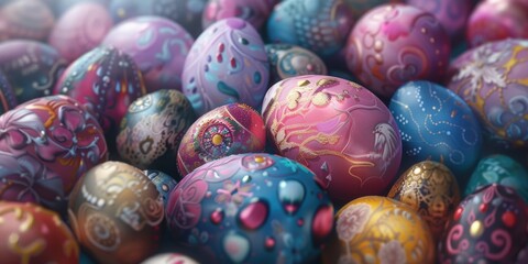 Fototapeta na wymiar A pile of colorful painted eggs stacked on top of each other. Perfect for Easter decorations or festive celebrations