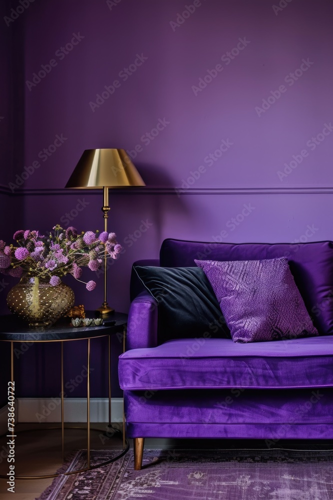 Poster A picture of a purple couch in a room with matching purple walls. This image can be used to showcase interior design ideas or to add a pop of color to any space