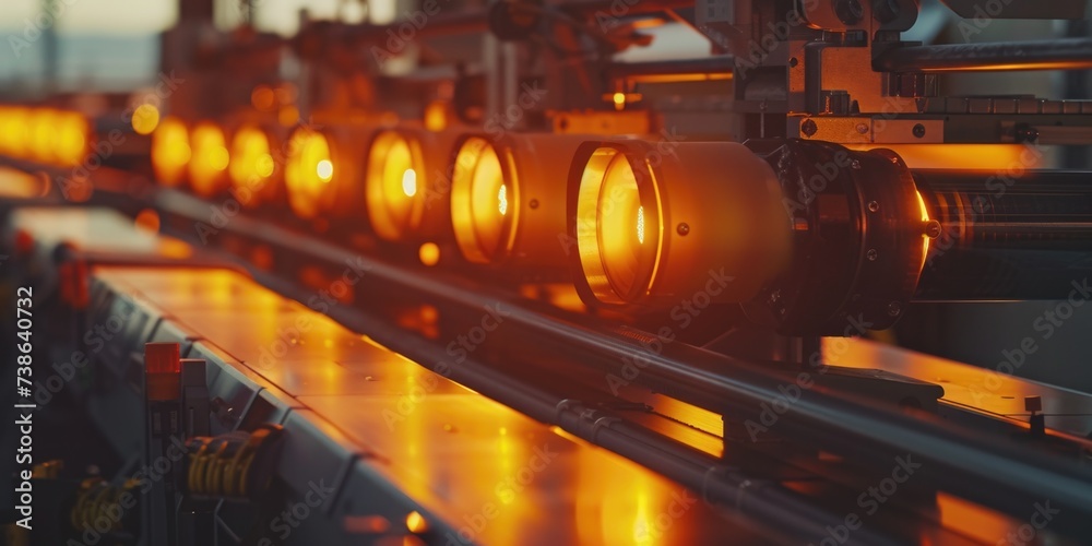 Poster a conveyor belt with a row of lights moving along it. this image can be used to represent industrial