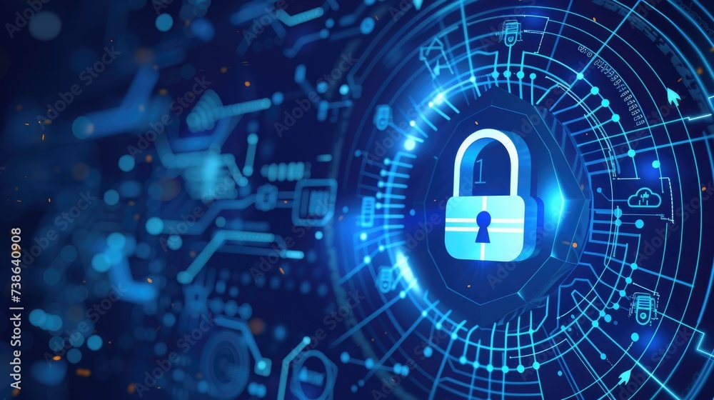 Aufkleber a padlock on a circuit with a blue background. suitable for technology, security, and cyber-related 