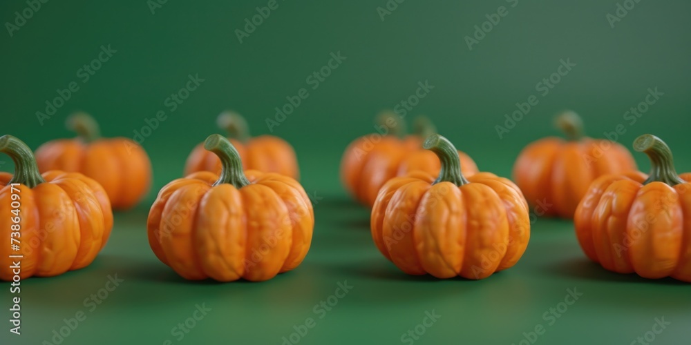 Poster a group of small orange pumpkins sitting on a vibrant green surface. this image can be used to add a