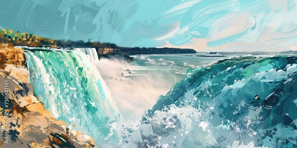 Poster A beautiful painting capturing a waterfall amidst the vastness of the ocean. Perfect for adding a touch of nature's beauty to any space