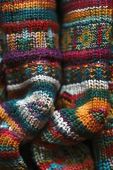 A detailed view of a vibrant knitted scarf. Perfect for adding a pop of color to any outfit.