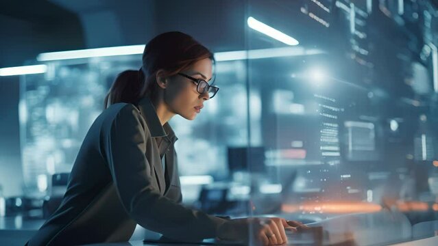 People work in a modern office of a technology company. Business, science, technology and architecture concept.