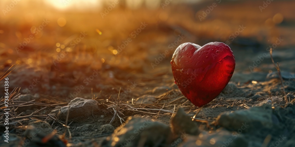 Poster a red heart sitting in the middle of a field. suitable for various romantic occasions and love-theme