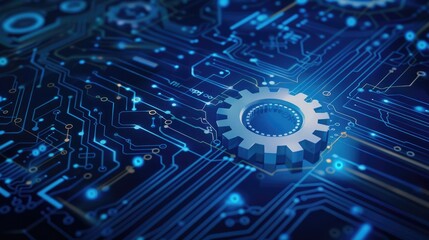 Cyber security, Vector illustration white gear and tree cog wheel on circuit board, Hi-tech digital technology and engineering on blue color background