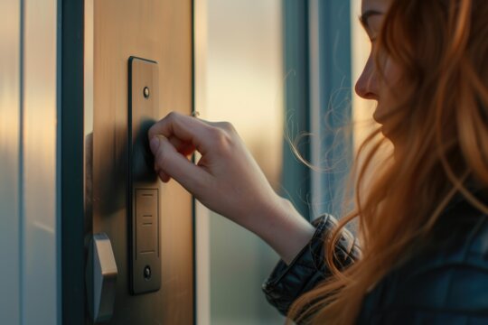 A woman using her hand to open a door. This versatile image can be used to depict concepts such as opportunity, exploration, access, or new beginnings