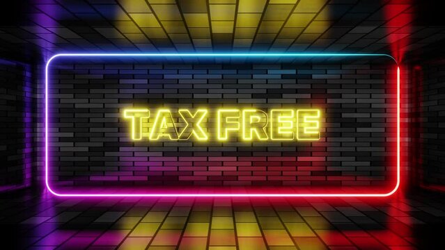 Neon sign tax free in speech bubble frame on brick wall background 3d render. Light banner on wall background. Tax free loop duty free shop, design template, night neon signboard