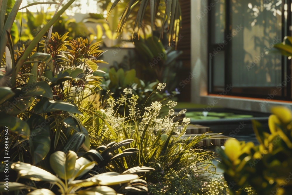 Poster a garden filled with lush plants and a prominent building in the background. suitable for various us