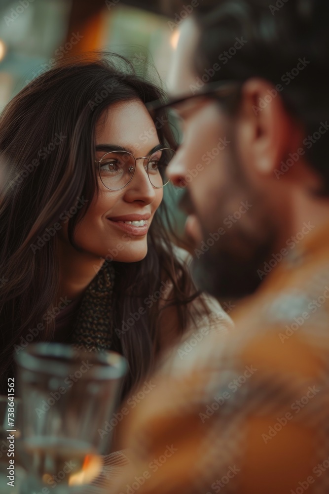 Poster a picture of a man and a woman sitting at a table. suitable for various contexts and themes