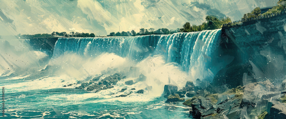 Poster a painting of a waterfall in the middle of the ocean. can be used as a decorative piece or for natur