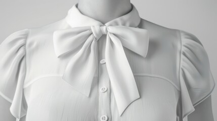 A mannequin dressed in a white blouse adorned with a stylish large bow. Perfect for fashion and clothing-related projects