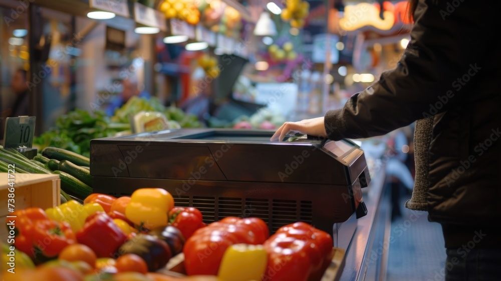 Aufkleber a person standing in front of a display of fresh vegetables. this image can be used to showcase heal