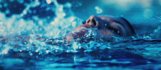 A person is seen swimming in a pool of water. This image can be used to depict leisure activities or to showcase water-related themes