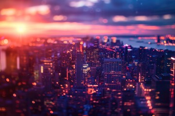 A captivating view of a city at night as seen from a high rise building. Perfect for urban landscapes or cityscape themes