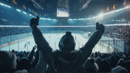 Happy fan cheer large ice hockey arena. Big game stadium. Cheerful man raise hands up. World championship match. Many men rejoice players win. People watch hockey competition. Professional sport rink.