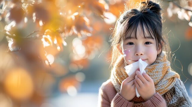 Portrait of a Asian child sniffing nose with tissue paper against a vibrant backdrop with space,  Generative AI.