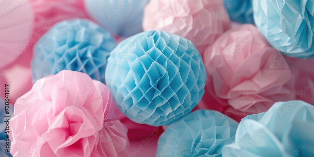 Poster A close-up view of a bunch of tissue pom poms. This image can be used to add a festive touch to any celebration or event