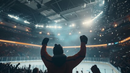 Happy fan cheer large ice hockey arena. Big game stadium. Cheerful man raise hands up. World championship match. Many men rejoice players win. People watch hockey competition. Professional sport rink.