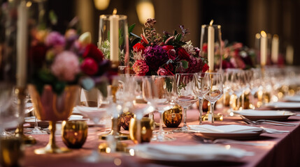 Fototapeta premium Zastawa stołowa na przyjęciu weselnym - dekoracja stołu weselnego w ogrodzie przez florystę i dekoratora. Piękne bukiety kwiatów na stoliku 