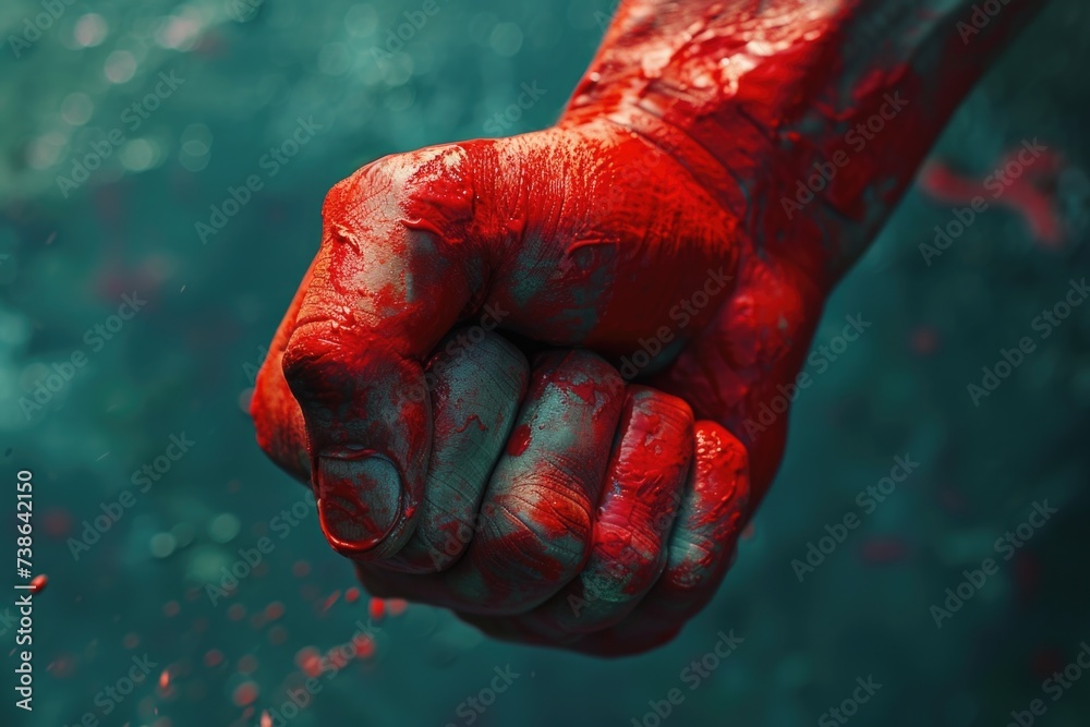 Poster A close-up view of a person's hand covered in red paint. This image can be used to depict creativity, art, messy projects, or the concept of making a mess