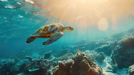 Stoff pro Meter Underwater wildlife with animals, Divers adventures in Maldives. Sea turtle floating over beautiful natural ocean background. Coral reef lit with sunlight trough water surface. © buraratn