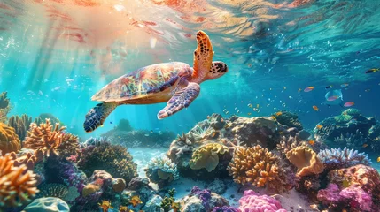 Poster Underwater wildlife with animals, Divers adventures in Maldives. Sea turtle floating over beautiful natural ocean background. Coral reef lit with sunlight trough water surface. © buraratn