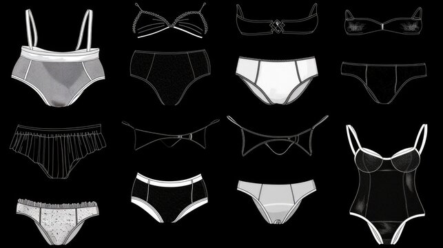 A collection of various types of underwear displayed on a black background. Perfect for fashion or clothing-related projects