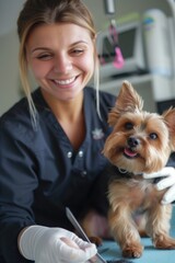 A woman in a black shirt holds a small dog. This image can be used for various purposes