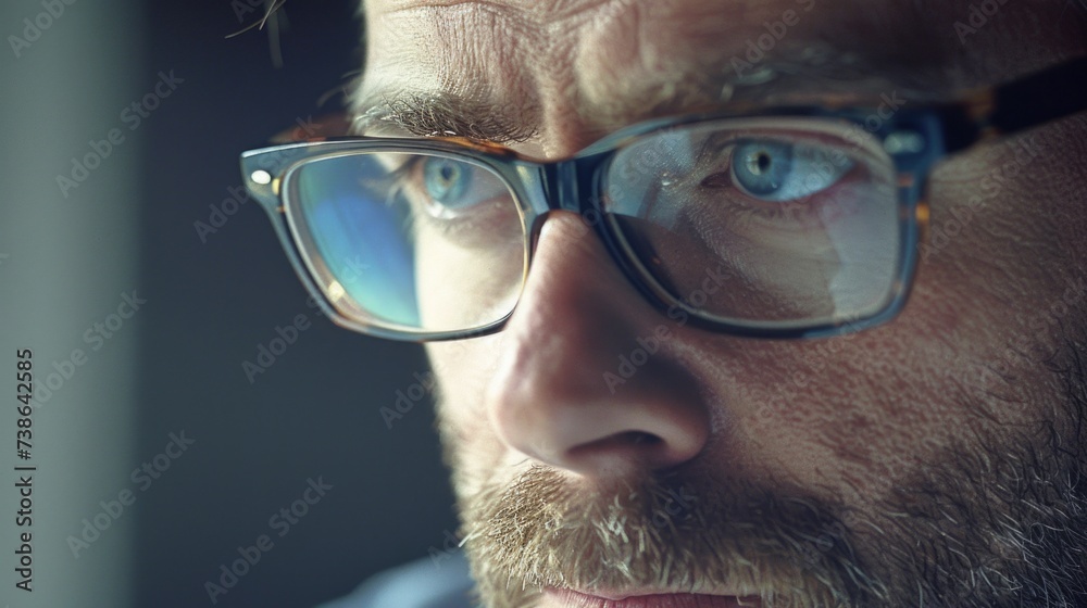 Poster A close-up image of a man wearing glasses. Suitable for various uses