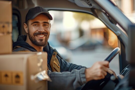smiling driver with uniform driving car in the shape of box parcel,delivery concept 